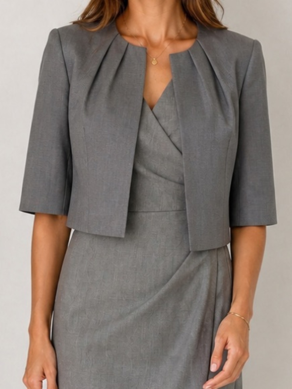 Calvin Klein Gray Cropped Jacket Blazer 3/4 Sleeve Open Front Workwear Office